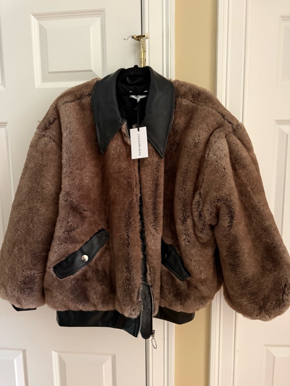 WeWoreWhat Brown Faux Fur Bomber Jacket with Black Trim